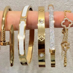 Può includere: Una collezione di braccialetti dorati, tra cui un design a forma di chiodo, una fascia smaltata bianca e oro e un braccialetto tempestato di cristalli scintillanti. È incluso anche un braccialetto con ciondoli con un ciondolo a forma di quadrifoglio.