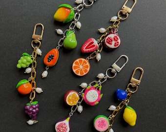Obst Taschenanhänger- Sommer Schlüsselanhänger- Taschenanhänger aus Ton- Europäische Sommer Charms- Gold Schlüsselanhänger- Silber Schlüsselanhänger- handgemachte Ton Obst Anhänger