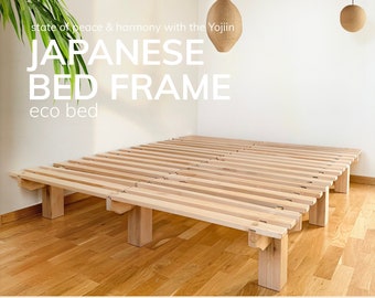 Cadre de lit en bois de hêtre dans un style japonais, cadre de lit Yojiin, lit plateforme, lit futon, cadre de lit de menuiserie japonaise, lit minimaliste