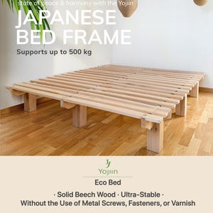 Japanisches Holzbettgestell – Minimalistisches Plattformbett – Massives Buchenholz – Modulares Stecksystem – Handgefertigt in Europa