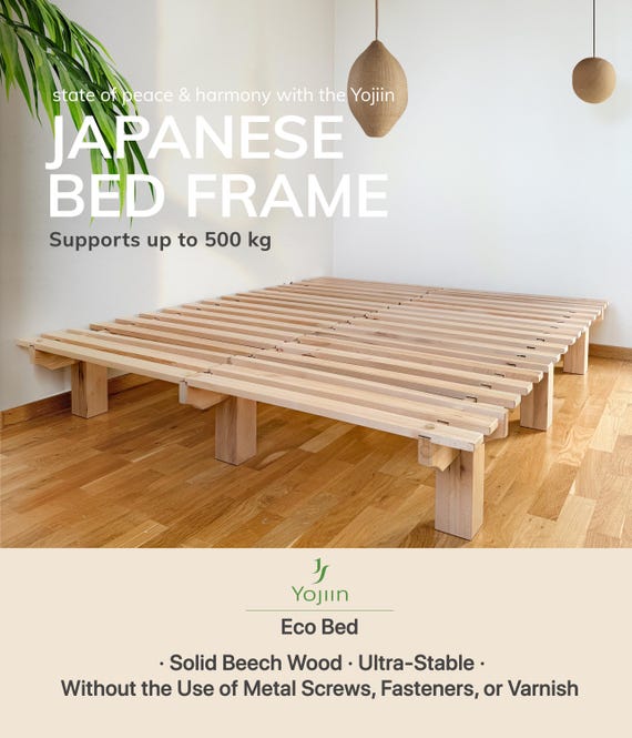 Japanese Wood Bed Frame – Minimalist Platform Bed – Solid Beech Wood – Modular Interlocking Design – Handmade in Europe