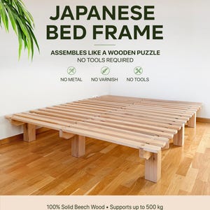 Handmade Japanese platform bed frame crafted from 100% solid beech wood, featuring a unique puzzle-like assembly without screws, tools, or metal parts. Easily disassembles into compact pieces for convenient moving, transport, and storage.