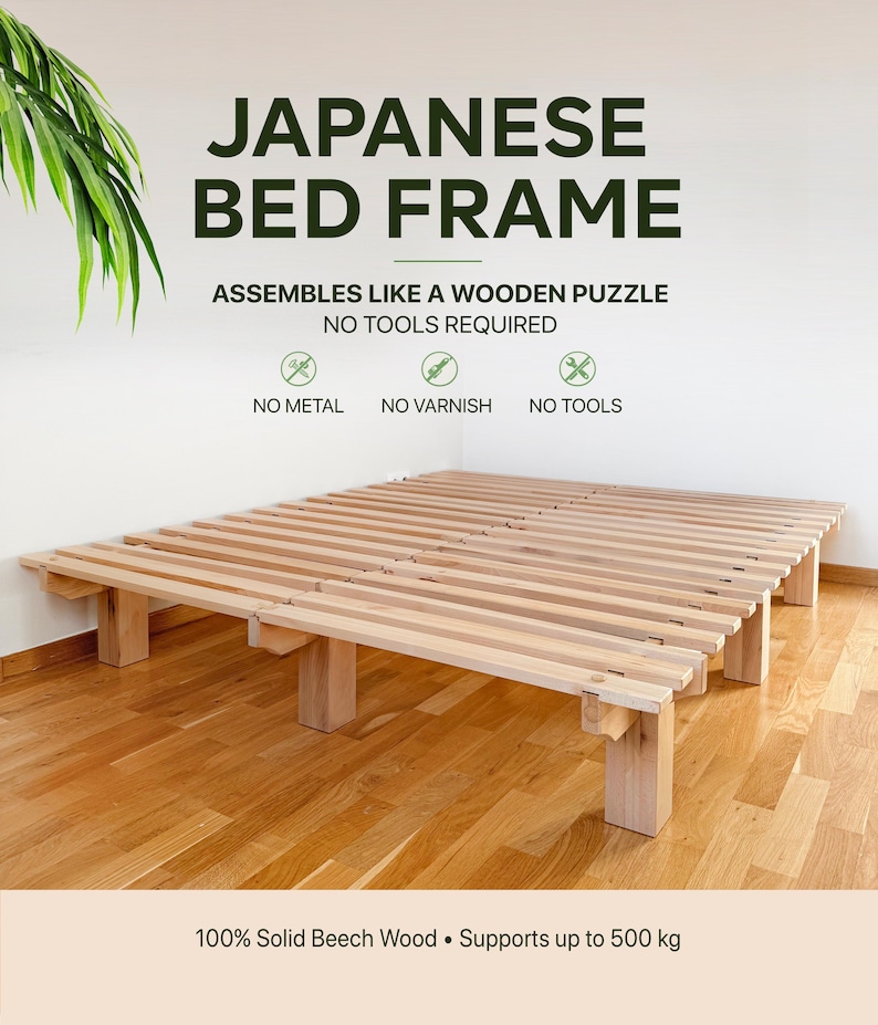 Handmade Japanese platform bed frame crafted from 100% solid beech wood, featuring a unique puzzle-like assembly without screws, tools, or metal parts. Easily disassembles into compact pieces for convenient moving, transport, and storage.