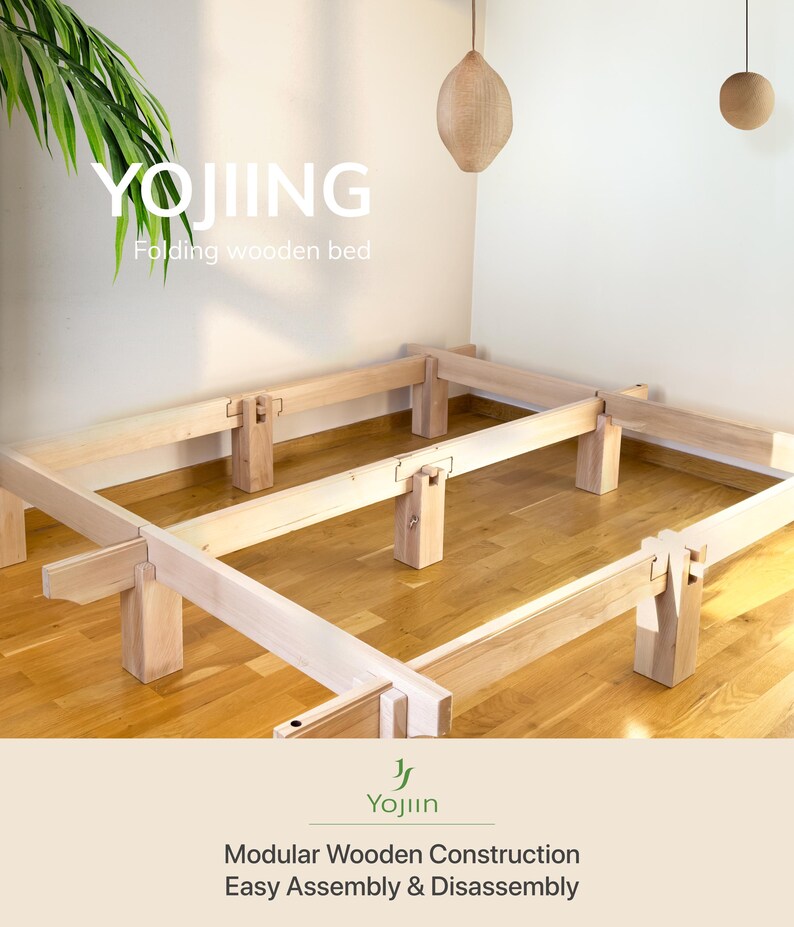 Solid beech wood Japanese bed frame shown during assembly, highlighting the modular interlocking construction and tool-free design.