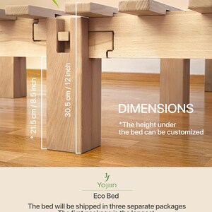 May include: Close-up of a wooden bed frame with dimensions labeled. The frame is light-colored, with a rectangular support post. The text "DIMENSIONS" is visible, along with measurements in inches and centimeters.