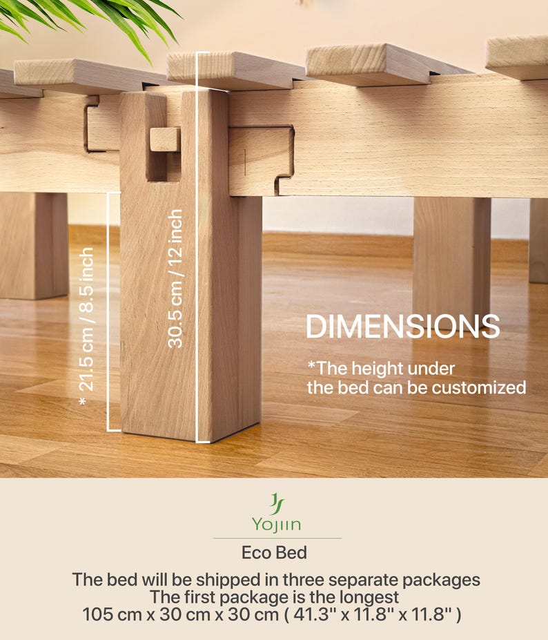 May include: Close-up of a wooden bed frame with dimensions labeled. The frame is light-colored, with a rectangular support post. The text "DIMENSIONS" is visible, along with measurements in inches and centimeters.