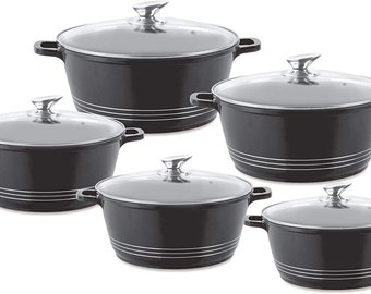 Die-Cast Stockpot 3 Layer Non-Stick Coated Casserole Set & Vented Glas Lids 5pc