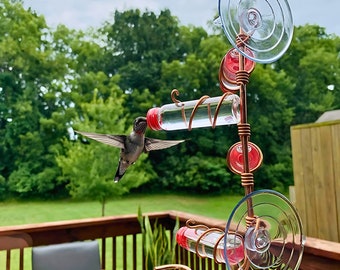 4 Station Window Hummingbird Feeder Made From Copper, Bee proof hummingbird feeder, multiple station bird feeder, suction cup bird feeder