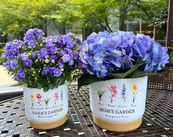 Personalisiertes Blumentopf-Geschenk für Oma, Blumenvase mit Geburtsblume, personalisierter Gartenübertopf für unsere Familie, Blumentopf-Übertopf für Mama
