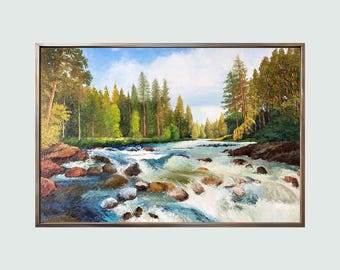 Herfstlandschap met bosrivier. Groot origineel olieverfschilderij op canvas. Natuurkunst aan de muur.
