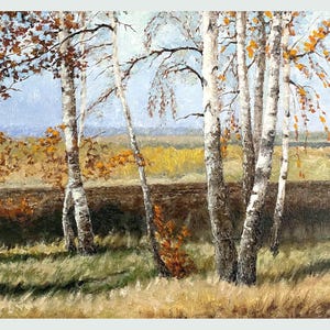 Painting with birch trees, fall landscape. Original fall oil painting on canvas, wall art fall trees.