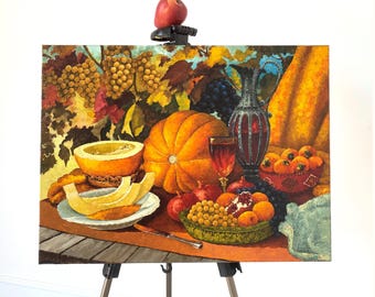 Red Wine Still Life Oil Painting: Autumn Kitchen Art, Cantaloupe & Pumpkin