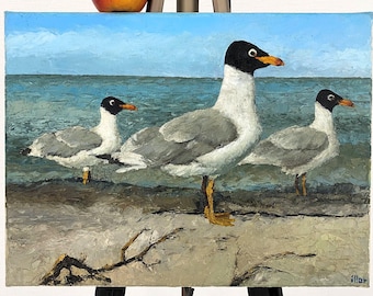 Meeuwen, impasto-olieverf op doek. Strand aan zee met zeevogels: moderne kustkunst.