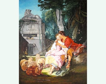 Lovers in Rococo Style: Copy Romantic Pastoral Oil Painting (25.6 x 31.5”)