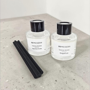 Sping/Summer Diffuser Set: Myrrh and Tonka, Grapefruit Lux. Organic Essential Oils, 2 x 50ml. Choose your top and fibre stick colour.