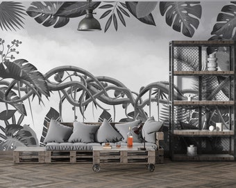 Forest View Wallpaper , Tropical Forest Wallpaper Living Room , Tropical Leaf Forest Wallpaper , Black and White Leaves Wallpaper