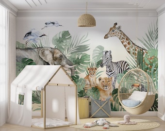 Tropische bladeren en dieren behang, dieren behang Peel en Stick, bladeren en dieren muur muurschildering, dierlijke muur muurschildering kinderkamer