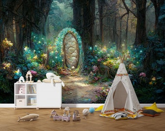 Magic Forest aquarel kinderbehang, Fairy Forest huizen behang, Peel en Stick Magic Forest behang, Magic Forest verwijderbare muurschildering