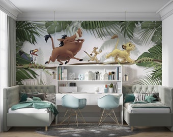 Lion King Peel en Stick muur muurschildering, kwekerij Lion King muurschildering, cartoon dieren behang, verwisselbare cartoon thema muurschildering, Lion King muurschildering