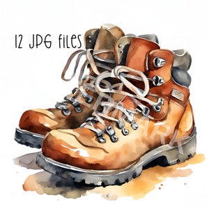 Hiking boots watercolour clipart, hiking, outdoor living 12 JPEG images, digital download,