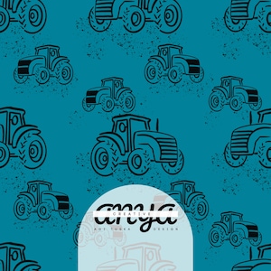 May include: A teal blue background with a repeating pattern of black tractor silhouettes. The text "anya creative agi tuska design" is in a white circle at the bottom of the image.