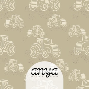 May include: A seamless pattern featuring white tractor silhouettes on a beige background. The pattern is repeated throughout the image. The text "anya creative agi tuska design" is in a white circle in the lower center of the image.
