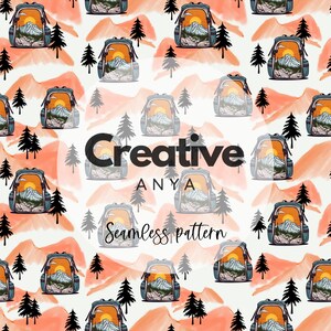 May include: A seamless pattern featuring a blue backpack with a mountain scene inside. The backpack is surrounded by orange mountains, green trees, and a white background. The text "Creative Anya Seamless Pattern" is visible in the centre of the image.