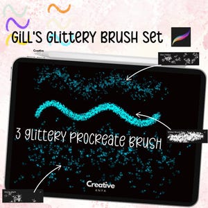 May include: A digital illustration of three glittery Procreate brushes. The brushes are shown on a tablet screen with a black background. The brushes are labeled "Starry Night", "Star Flakes", and "Glitter Brush Pack".