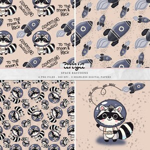 Puede incluir: Tres diseños de papel digital con adorables mapaches de dibujos animados que llevan trajes de astronauta y sostienen cohetes. Los diseños están sobre un fondo rosa claro con estrellas blancas. El texto "To The Moon & Back" y "Adventure Awaits" está incluido en los diseños.