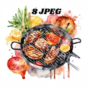 Grillfest i sommar, grillfest i akvarell, clipart, 8 JPEG-bilder, digital nedladdning,