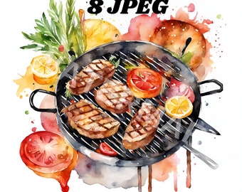 Puede incluir: Una ilustración de acuarela de una parrilla con cinco filetes a la parrilla, verduras y una rodaja de limón. La parrilla está sobre un fondo blanco con salpicaduras de acuarela.