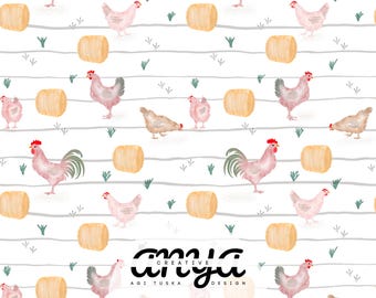Farm Chicken Seamless Pattern | Cute Country Animal Fabric Print | 300 DPI PNG Instant Download | Kids Farm Theme Digital Design