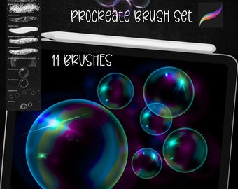 May include: A set of 11 Procreate brushes for creating iridescent bubbles. The brushes are shown on a dark background with a variety of bubble sizes and colors.