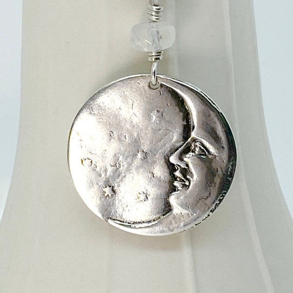 Sterling Silver Crescent Moon Stars Pendant Moonstone Necklace Art Nouveau La Luna Moon Child Celestial Handmade Hand Molded Kiln Fired