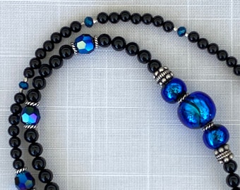 Electric Blue Dichroic Glass + Onyx + Swarovski Crystal + Sterling Silver Necklace 19"