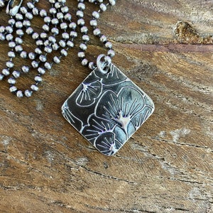 Sterling Silver Square Shaped Tag Pendant Necklace Handmade Ginko Motif Boho Bohemian Gray Patina