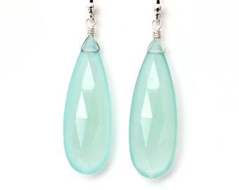 Peruvian Aqua Green Seafoam Chalcedony Long Dangle Earrings Sterling Silver Elegant Pastel 2.25&quot;