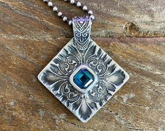 Sterling Silver Diamond Shaped Pendant Necklace Handmade Art Nouveau Deco Damask Baroque Motif Teal Blue Topaz Lab Gemstone Boho Bohemian