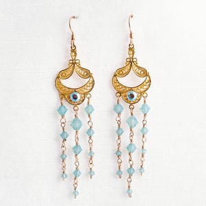 Pacific Opal Swarovski Crystal Chandelier Earrings 3.5" Long Dangle Gold Vermeil