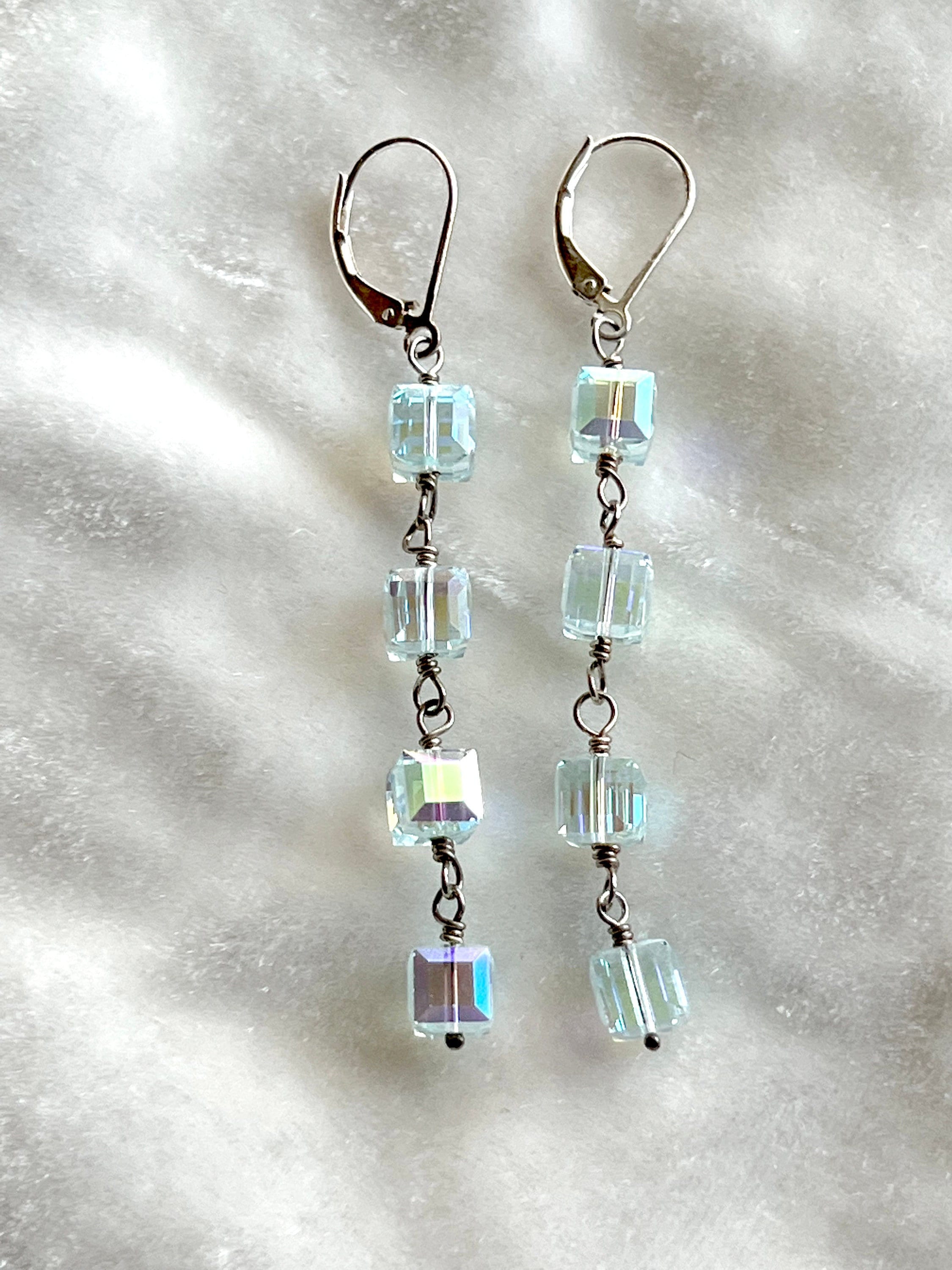 AB Swarovski Crystal Cube Pale Aqua Sterling Silver Dangle Earrings 2.5" Long