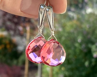 Hot Pink Brazil Quartz Pear Heart Drop Earrings Sterling Silver Lever Back Elegant 1.5"