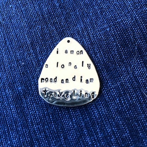Guitar Pick Pendant Sterling Silver Joni Mitchell Music Song Lyric I Am On A Lonely Road And I Am Traveling