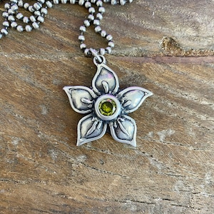 Sterling Silver Five Petal Flower Star Plumeria Floral Pendant Necklace Handmade Cubic Zirconia CZ Olive Green Gemstone Boho Bohemian