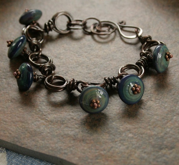 Items similar to Copper and lampwork bracelet ... artisan glass beads ...