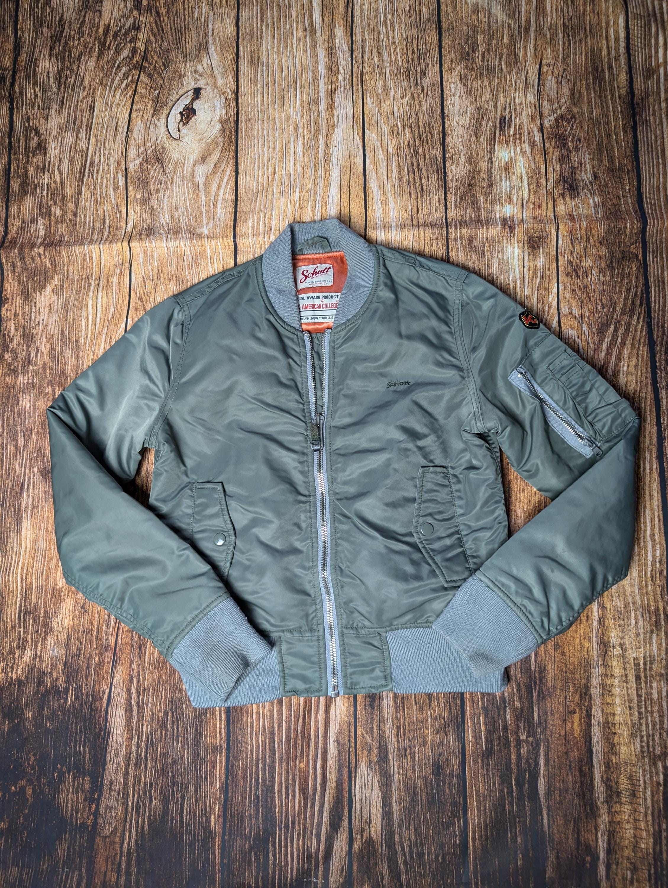 Olive Schott Nyc Vintage Nylon American College Bomber Jacket M Olive Schott Nyc Vintage Nylon American College Bomber Jacket M