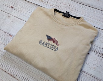 beige Gant USA bordado gran logotipo jersey de cuello redondo suéter de los años 90 bandera americana