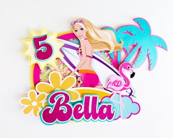 Personalized Malibu Princess Beach Tropical Sunshine Birthday Theme Girl Shaker Cake Topper, Birthday party