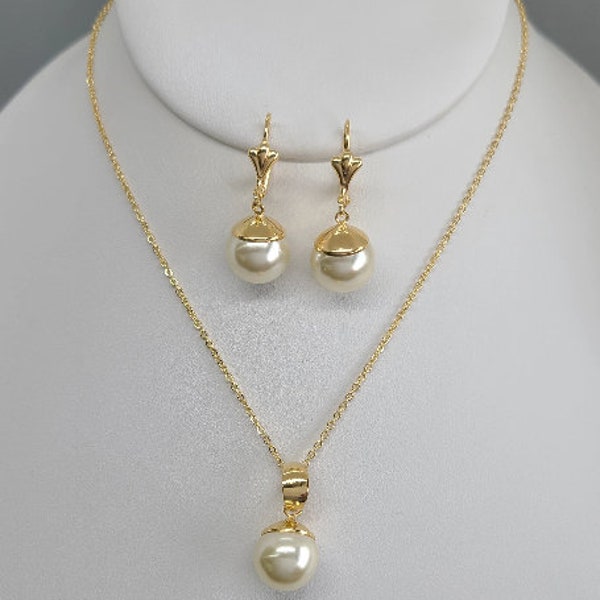 Pearl Bead Set, 18K Gold Filled Jewelry, Box Link Chain, Classic Pearl Ball Pendant and Earring, Dainty Gift Set, Gift for Her, Everday Set.