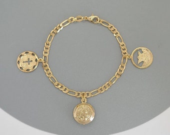 Religious Charm Bracelet, 18K Gold Filled Bracelet, Figaro Link Bracelet, St Benedict Charm, Angel Charm Bracelet, Cross Pendant Bracelet.