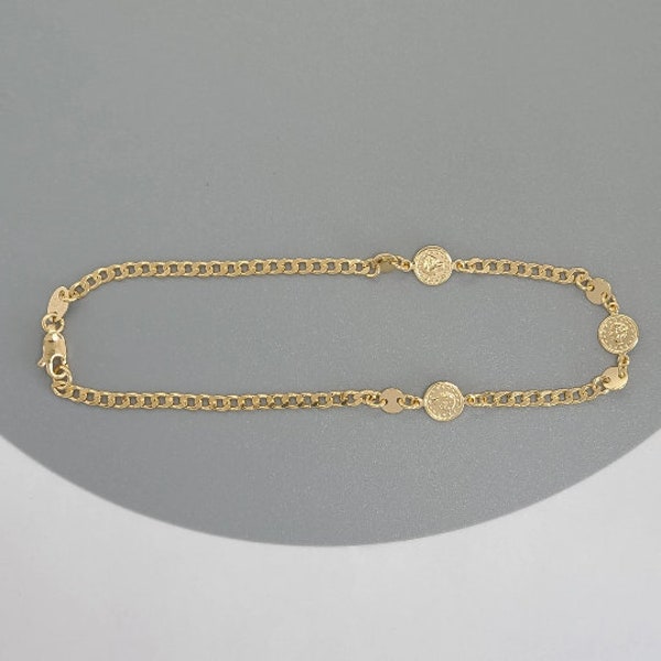 Coin Anklet, 18K Gold Filled Anklet, Curb Link Anklet, Round Coin Charm, Disk Charm Ankle Jewelry, Gift for her, Dainty Everyday Anklet.
